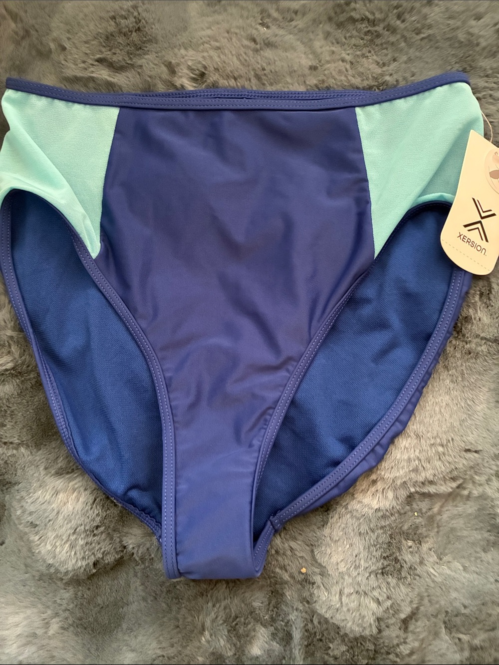 Xersion Two-Tone High-Waist Swim Bottoms in Navy and Mint
